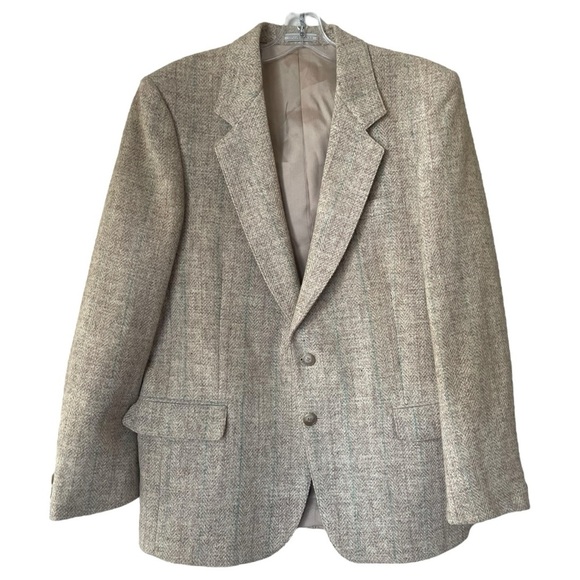 Vintage Harris Tweed Wool Blazer Jacket Size 40 Beige Pastel Pinstripes 70s 80s - Picture 1 of 9
